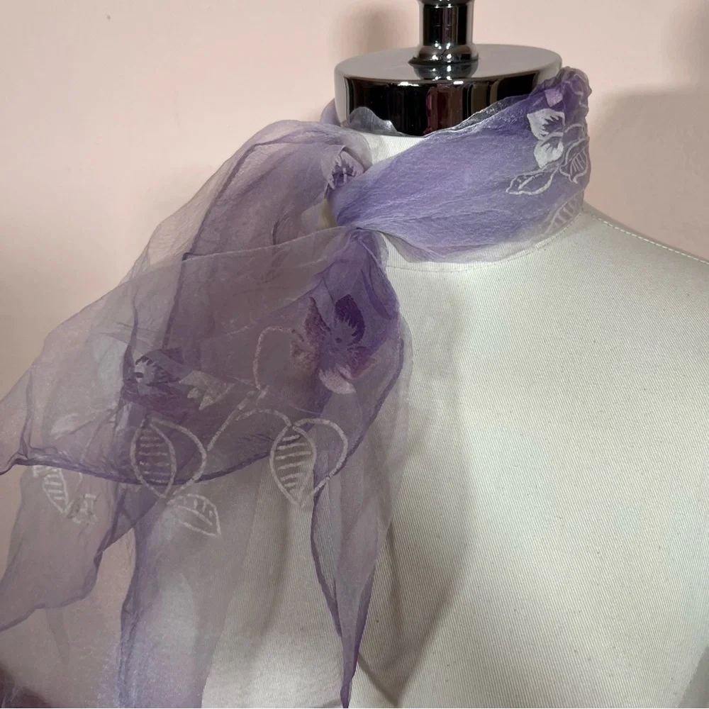 Vintage 1960 70’ semi sheer purple white flocked cottagecore floral Scarf